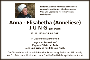Traueranzeige von Anna-Elisabetha Jung von OF