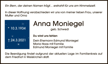 Traueranzeige von Anna Moniegel von OF