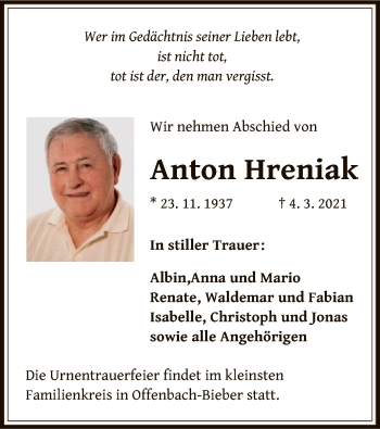 Traueranzeige von Anton Hreniak von OF