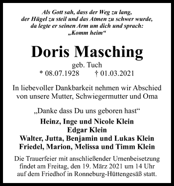 Traueranzeige von Doris Masching von OF