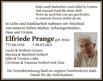 Traueranzeige von Elfriede Prange von OF