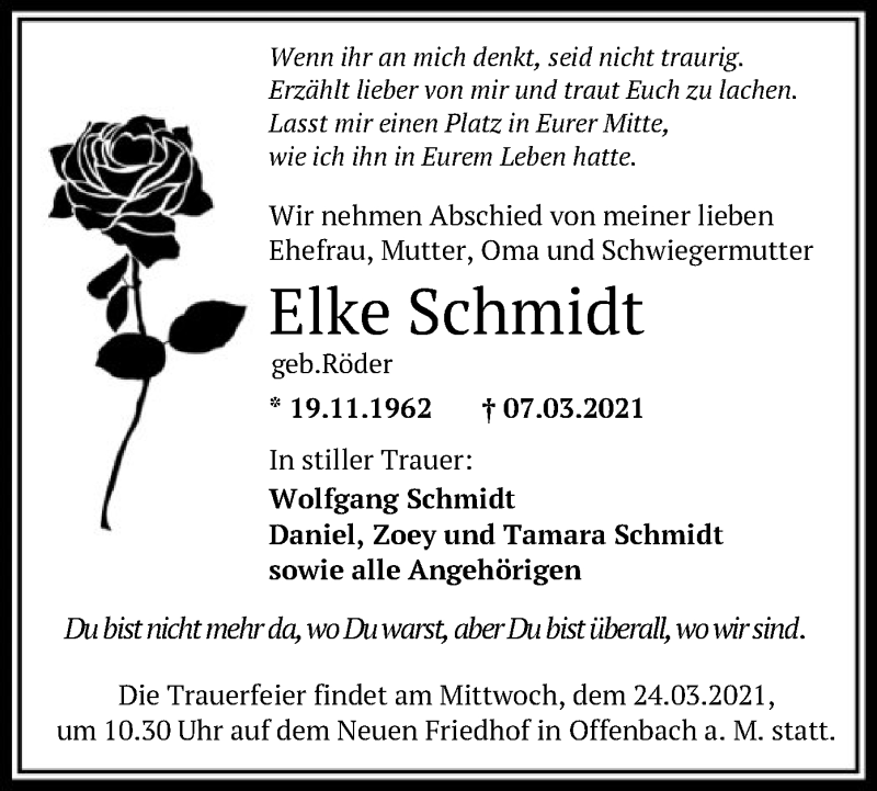  Traueranzeige für Elke Schmidt vom 20.03.2021 aus OF