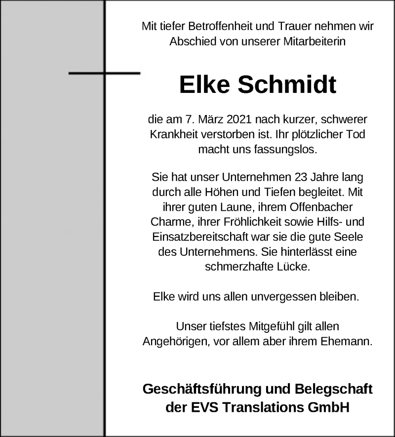  Traueranzeige für Elke Schmidt vom 13.03.2021 aus OF