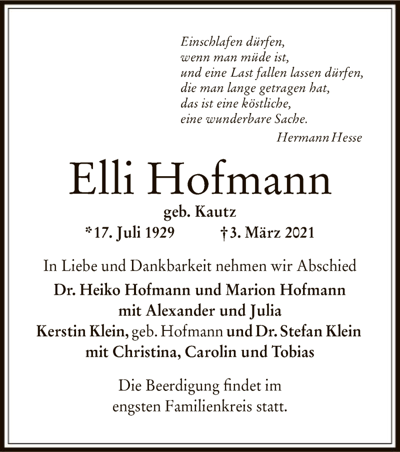  Traueranzeige für Elli Hofmann vom 13.03.2021 aus OF