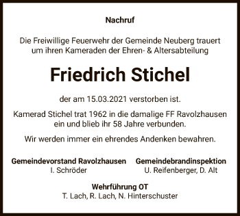 Traueranzeige von Friedrich Stichel von OF