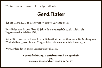 Traueranzeige von Gerd Baier von OF