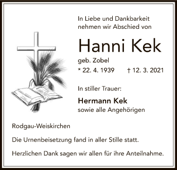 Traueranzeige von Hanni Kek von OF