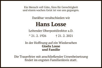 Traueranzeige von Hans Losse von OF