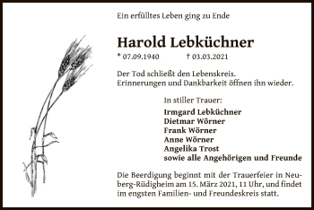 Traueranzeige von Harold Lebküchner von OF