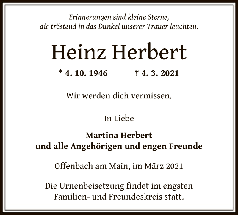  Traueranzeige für Heinz Herbert vom 13.03.2021 aus OF