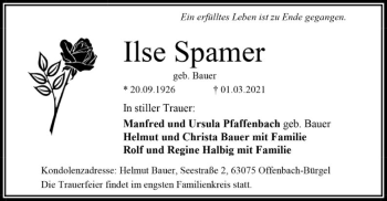 Traueranzeige von Ilse Spamer von OF