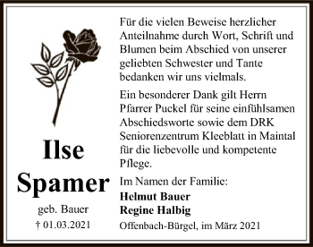 Traueranzeige von Ilse Spamer von OF