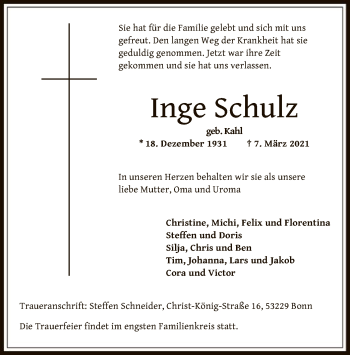 Traueranzeige von Inge Schulz von OF