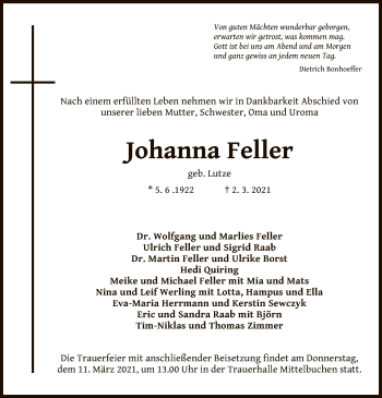 Traueranzeige von Johanna Feller von OF