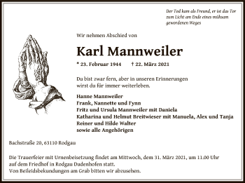 Traueranzeige von Karl Mannweiler von OF