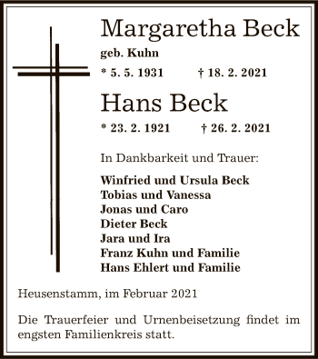 Traueranzeige von Margaretha und Hans Beck von OF