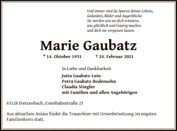 Traueranzeige von Marie Gaubatz von OF