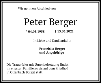 Traueranzeige von Peter Berger von OF