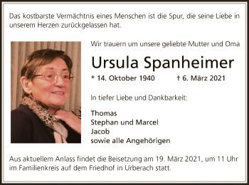 Traueranzeige von Ursula Spanheimer von OF