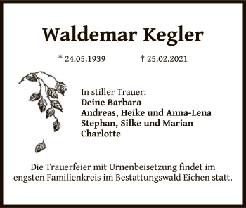 Traueranzeige von Waldemar Kegler von OF