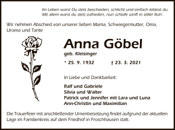 Traueranzeige von Anna Göbel von OF