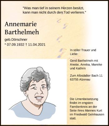 Traueranzeige von Annemarie Barthelmeh von OF