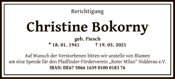 Traueranzeige von Christine Bokorny von OF