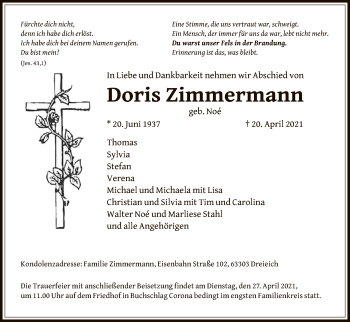 Traueranzeige von Doris Zimmermann von OF