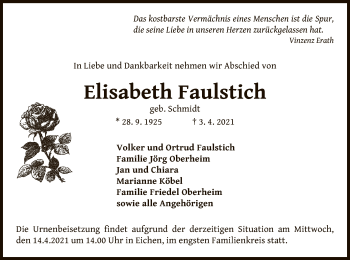 Traueranzeige von Elisabeth Faulstich von OF