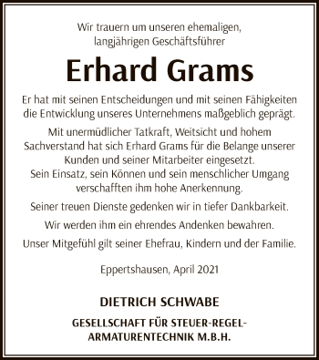 Traueranzeige von Erhard Grams von OF