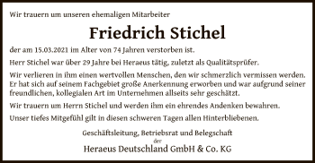 Traueranzeige von Friedrich Stichel von OF