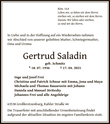 Traueranzeige von Gertrud Saladin von OF