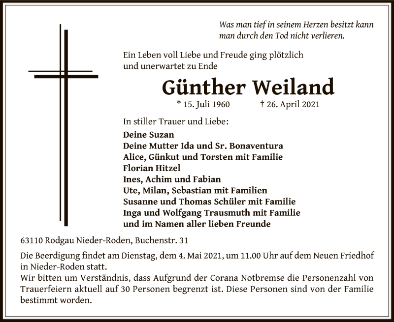  Traueranzeige für Günther Weiland vom 30.04.2021 aus OF