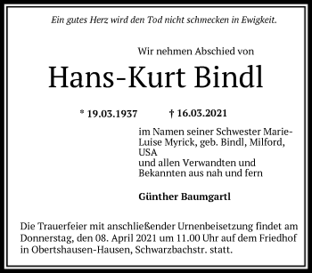 Traueranzeige von Hans-Kurt Bindl von OF