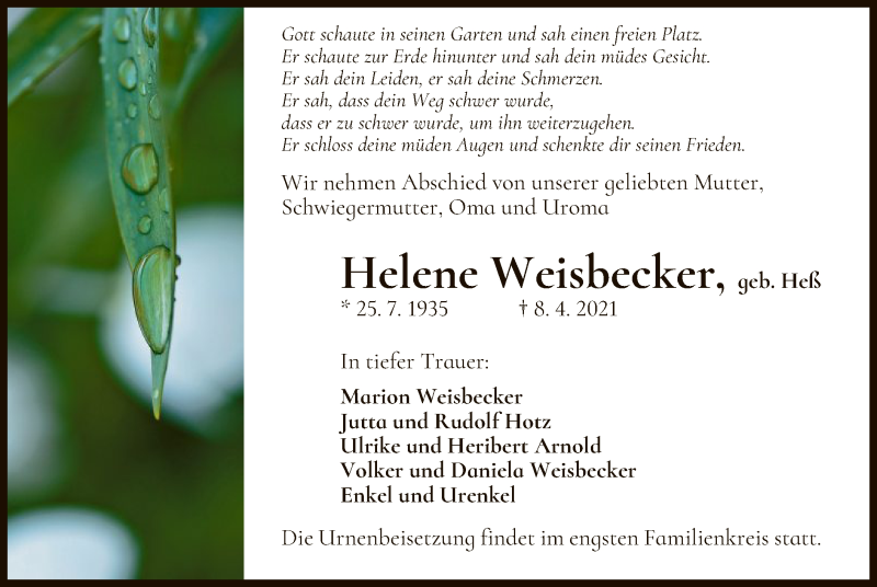  Traueranzeige für Helene Weisbecker vom 10.04.2021 aus OF