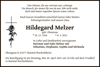 Traueranzeige von Hildegard Melzer von OF