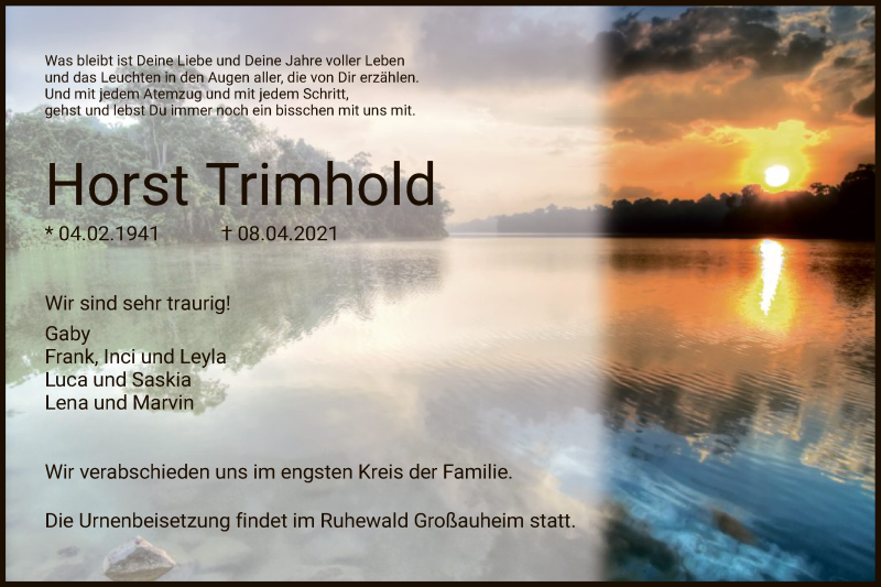  Traueranzeige für Horst Trimhold vom 10.04.2021 aus OF