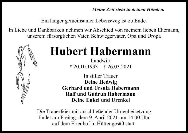  Traueranzeige für Hubert Habermann vom 07.04.2021 aus OF