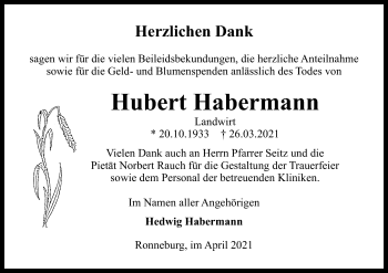 Traueranzeige von Hubert Habermann von OF