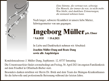 Traueranzeige von Ingeborg Müllergeb von OF