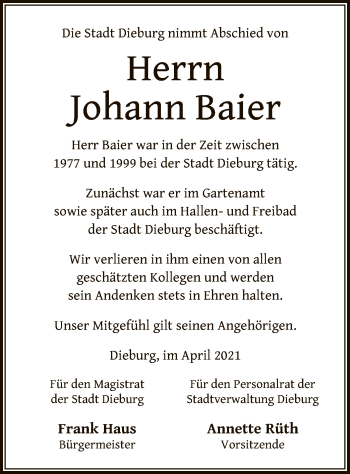 Traueranzeige von Johann Baier von OF