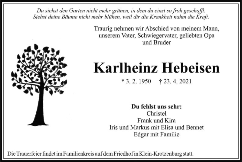 Traueranzeigen von Karlheinz Hebeisen | trauer.op-online.de