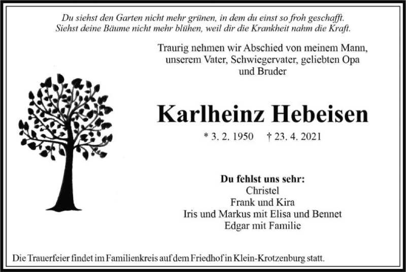  Traueranzeige für Karlheinz Hebeisen vom 30.04.2021 aus OF