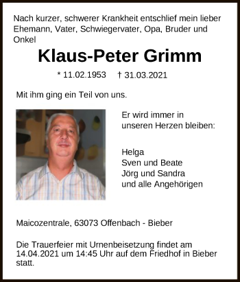 Traueranzeige von Klaus-Peter Grimm von OF