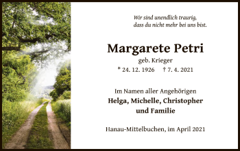 Traueranzeige von Margarete Petri von OF