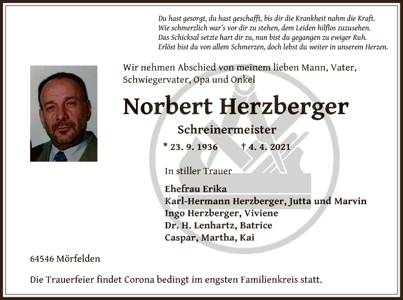  Traueranzeige für Norbert Herzberger vom 08.04.2021 aus OF