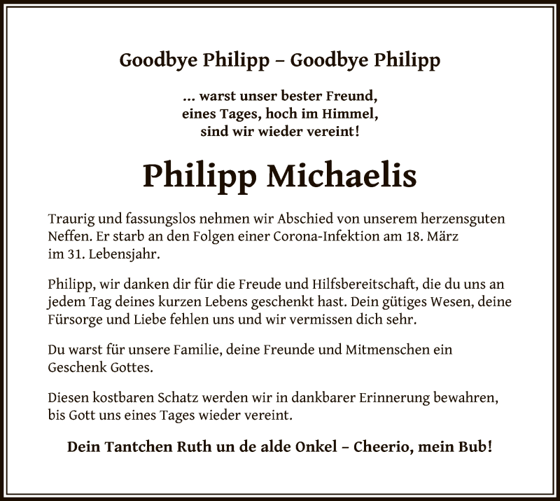  Traueranzeige für Philipp Michaelis vom 03.04.2021 aus OF