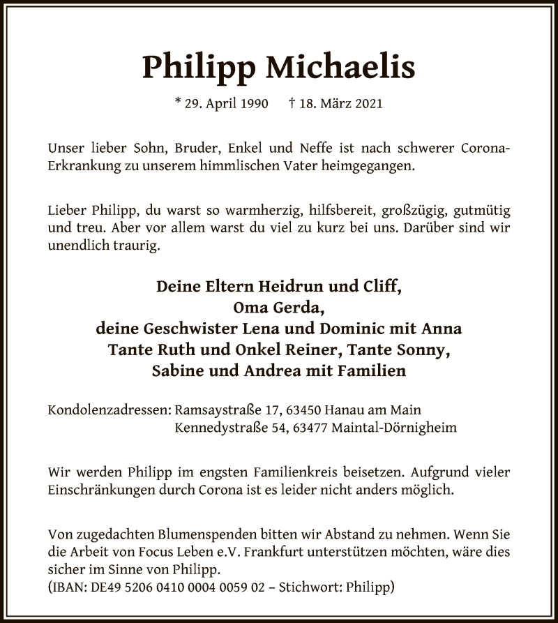  Traueranzeige für Philipp Michaelis vom 03.04.2021 aus OF
