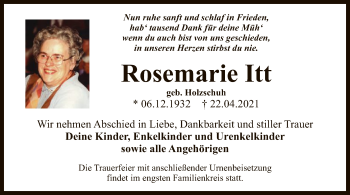 Traueranzeige von Rosemarie Itt von OF