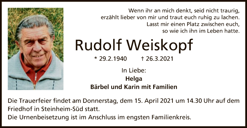  Traueranzeige für Rudolf Weiskopf vom 03.04.2021 aus OF